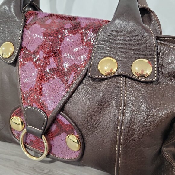 Gustto Setela Leather Satchel Brown w/ Magenta Python Accent - Picture 2 of 8